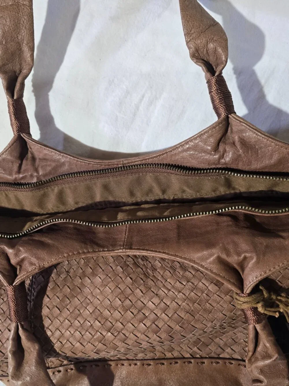 The Sak Brown Woven Leather Tote Shoulder Bag Tiger Eye Bead Charm